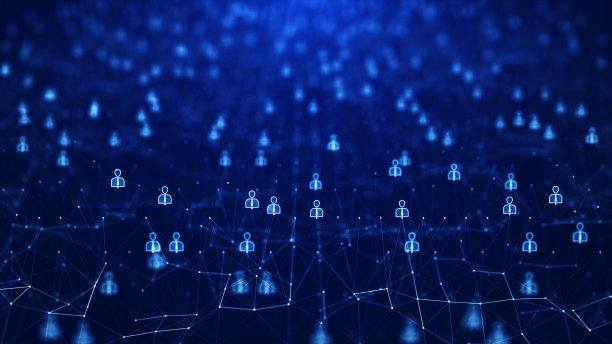 社交媒体技术的概念通信网络连接有相互连接的多边形与人的图标分散在深蓝色的背景。图片下载