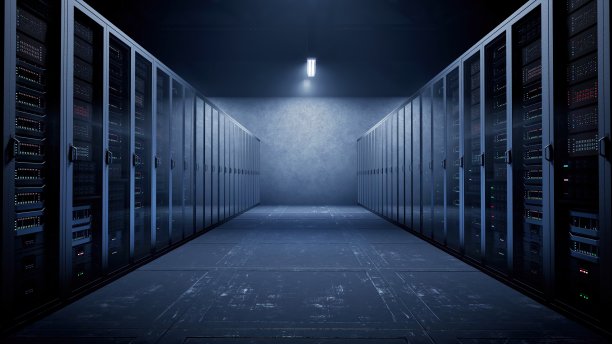 数据中心概念-数据中心和在服务器机房拍摄多排完全运行的服务器机架-计算机网络安全概念图片下载