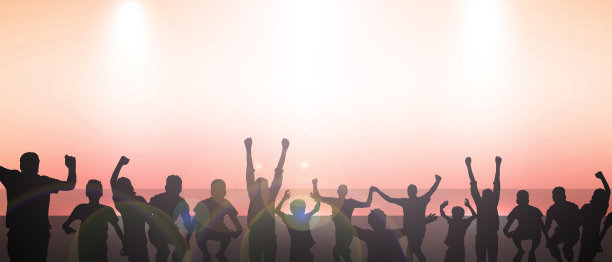 人们的剪影享受等待看音乐表演与节日和激动人心的气氛在黄色灯光背景。网站横幅，插图，复制空间，横幅-3d渲染图片下载