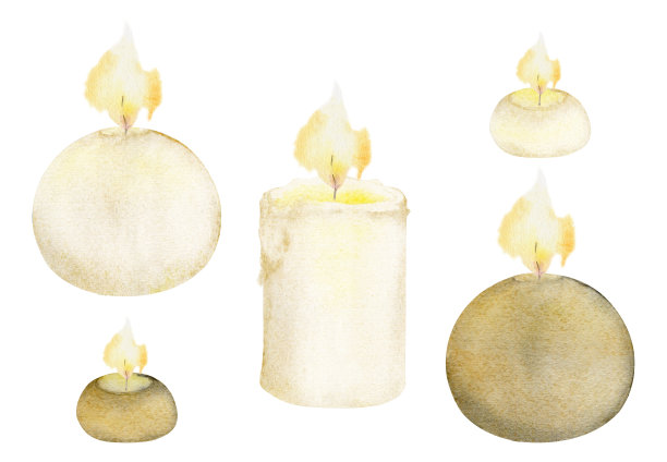 手绘水彩各色蜡烛点燃的火焰。祈愿，球，茶灯，柱子。白色背景上孤立的物体。设计养生度假，印刷，织物，封面，卡片，小册子。图片下载