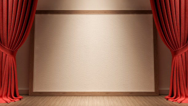 房间里有一个空的画框在木地板上，红色的窗帘3d渲染图片下载