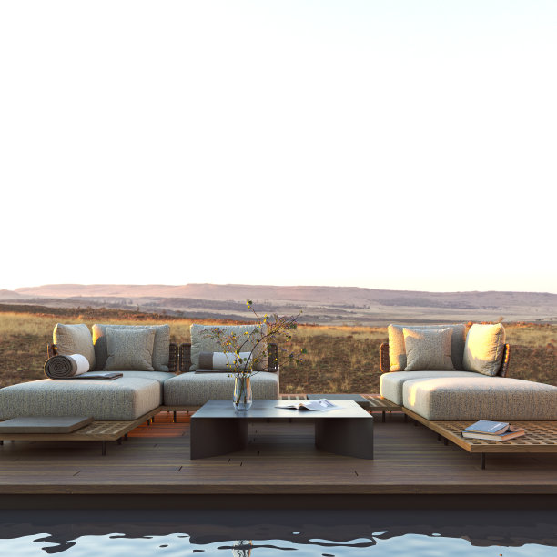 设计现代豪华泳池别墅度假胜地，带景观，大型模块化沙发和绿色花园。3 d渲染。高质量3d插图图片下载