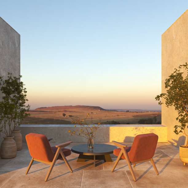 Loft风格的户外生活区。阳台采用石材地板，混凝土墙。房屋装饰以木制家具和绿植树木为主。3 d渲染。高质量3d插图图片下载