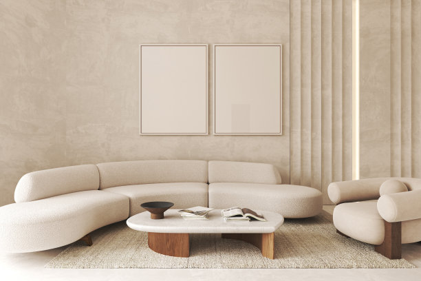当代经典浅米色室内与家具和装饰。带有照明的装饰面板。模拟灰泥墙。3 d渲染。高质量3d插图图片下载