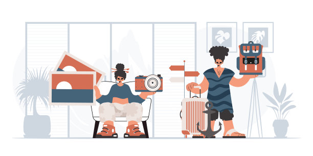 这个人和被洪水淹没的女人要去旅行。休息和旅行的概念。时尚的风格，矢量插图图片下载