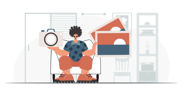 这个人手里拿着照相机和照片。休息和旅行的概念。时尚的风格，矢量插图图片下载