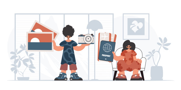 这个人和被洪水淹没的女人要去旅行。休息和旅行的概念。时尚的风格，矢量插图图片下载