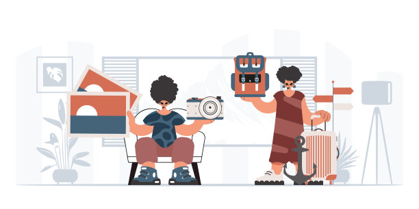 这个人和这位精力充沛的女士要去旅行。休息和旅行的概念。时尚的风格，矢量插图图片下载