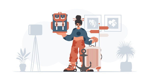 这位热情的女士拿着一个旅行背包和一件战利品。休息和旅行的概念。时尚的风格，矢量插图图片下载