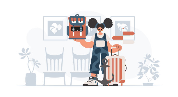 充满活力的女人拿着旅行背包和行李，休息和旅行概念，潮流风格，矢量插画图片下载