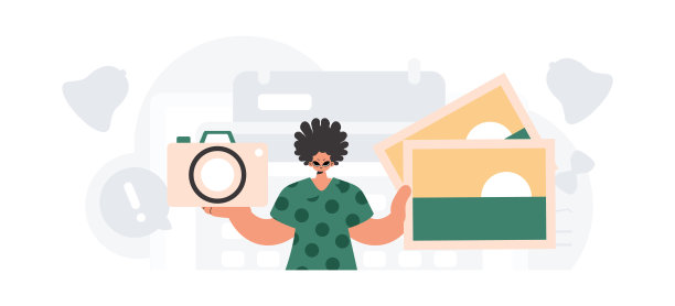 这个家伙手里拿着照相机和照片。休息和旅行的概念。时尚的风格，矢量插图图片下载