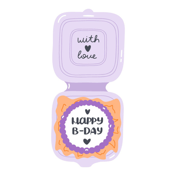 迷你盒子里可爱的手绘便当蛋糕。受欢迎的韩式小甜点，上面有“祝你生日快乐”的字母。时髦的迷你盒子蛋糕在一个包装庆祝。天真风格的彩色矢量剪贴画图片下载