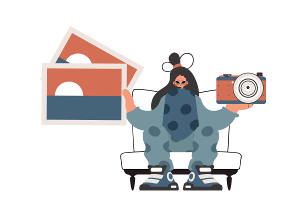 这位精力充沛的女士手里拿着照相机和照片。涂上白色粉底。时尚的风格，矢量插图图片下载