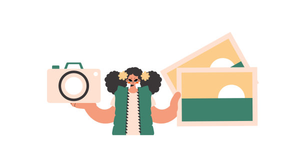 这位富有的女士手里拿着照相机和照片。涂上白色粉底。时尚的风格，矢量插图图片下载