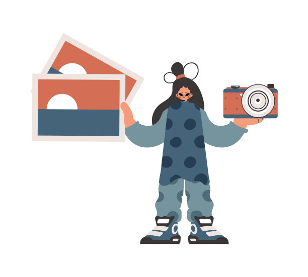 这位富有的女士手里拿着照相机和照片。涂上白色粉底。时尚的风格，矢量插图图片下载