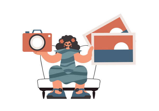 这位年轻女士手里拿着照相机和照片。涂上白色粉底。时尚的风格，矢量插图图片下载