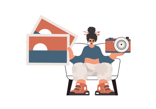 这位年轻女士手里拿着照相机和照片。在白色基础上断开。时尚的风格，矢量插图图片下载