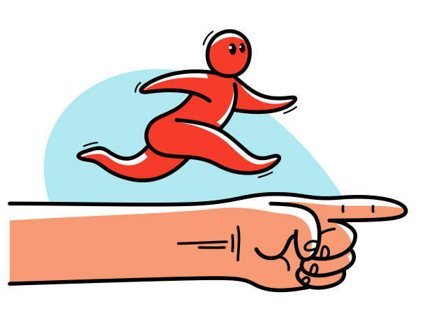 有趣的漫画人在一个指向的手矢量平面风格插图孤立的白色，概念的老板导演事业成功。图片下载