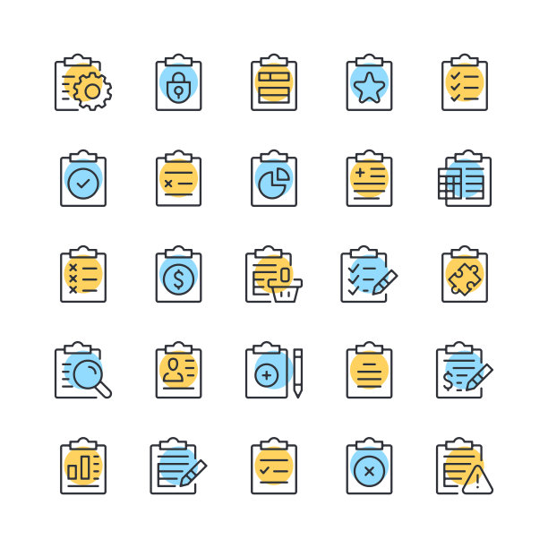 剪贴板线条图标。一组剪贴板图标。黑色，蓝色和黄色。现代线性轮廓平面设计。矢量线图标集图片下载