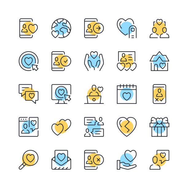 在线约会线图标。一套互联网约会图标。黑色，蓝色和黄色。现代线性轮廓平面设计。矢量线图标集图片下载