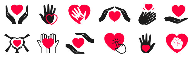 设置手和手掌与心脏图标，手握心脏图标，护理帮助，医药，爱情，健康标志在线和平面风格-股票向量图片下载