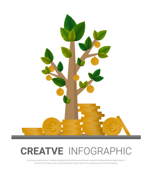 一堆金币和一棵大树。金融和银行的概念，投资增长的概念。图片下载