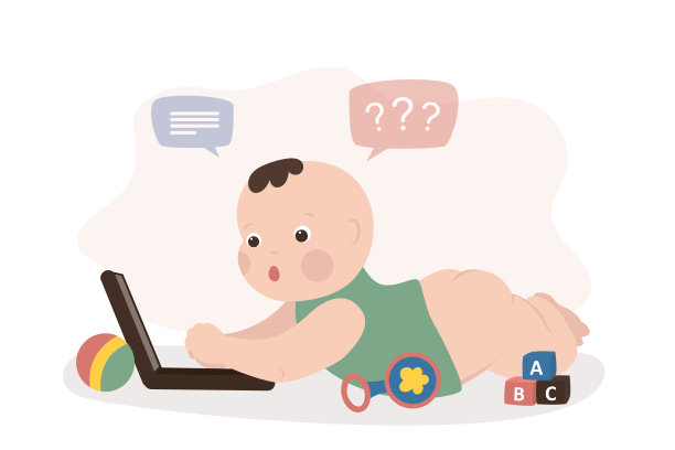 小孩子探索世界，尝试使用小工具。新生儿使用笔记本电脑，试图掌握现代技术。有趣的婴儿趴在肚子上图片下载