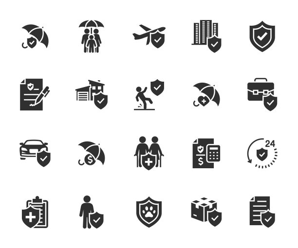 保险扁平图标矢量素材：医疗、旅行、汽车、房地产等图片下载