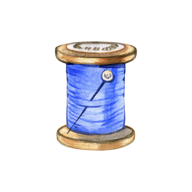 水彩复古古色古香的蓝色木制线轴的线与钢针缝制图案隔离在白色背景。手绘插画草图图片下载