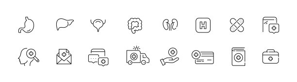 治疗。内部器官，检查，救护车和医院服务。像素完美，可编辑的笔画线条图标图片下载