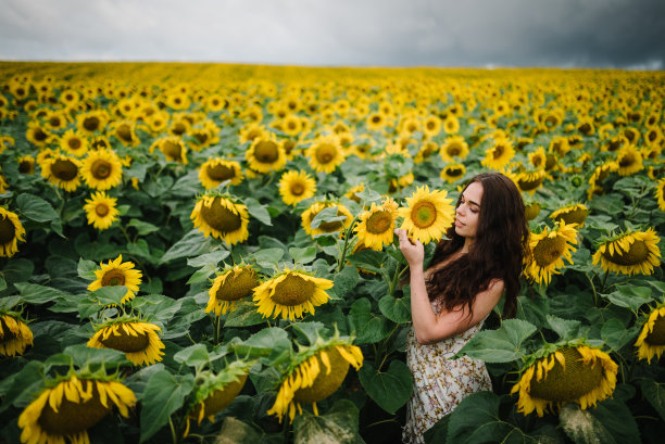 年轻美丽的女人站在向日葵地里。女子手持向日葵享受大自然，笑着。阳光明媚的照片，开朗的女孩在日出或日落。享受夏日时光。图片下载