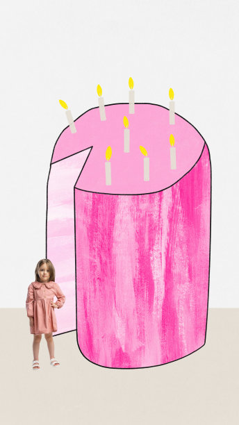 当代艺术拼贴画，一个可爱的小女孩穿着粉红色的裙子，站在白色背景上的巨大蛋糕旁边。生日馅饼图片下载