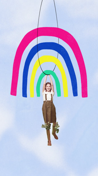 当代艺术拼贴画，年轻漂亮的女孩在彩色彩虹上飞行，在天空背景上微笑。创作的艺术品图片下载