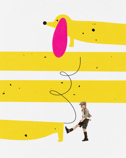 当代艺术拼贴画，可爱的男孩穿着复古的衣服在白色的背景上遛狗。毛茸茸的朋友图片下载