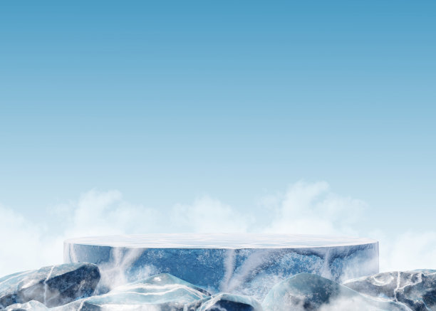 三维冰裂讲台或三维冰裂讲台舞台。讲台样机站产品场景在蓝色背景。冰裂3d讲台舞台蓝色背景图片下载