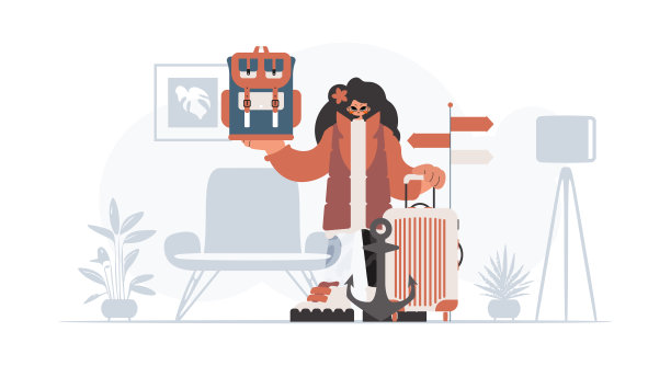 这位精力充沛的女士提着一个旅行背包和一件战利品。休息和旅行的概念。时尚的风格，矢量插图图片下载