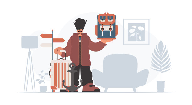 这个人拿着一个旅行背包和一件战利品。休息和旅行的概念。时尚的风格，矢量插图图片下载