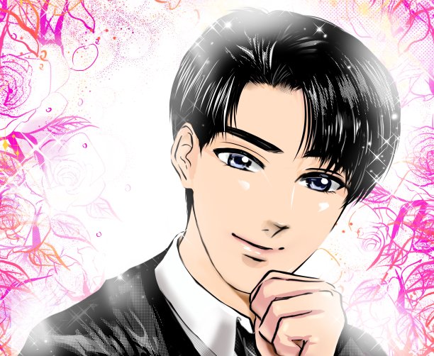 肖像插图一个英俊的年轻人与黑色的头发盯着你在日本漫画风格和花园的背景图片下载