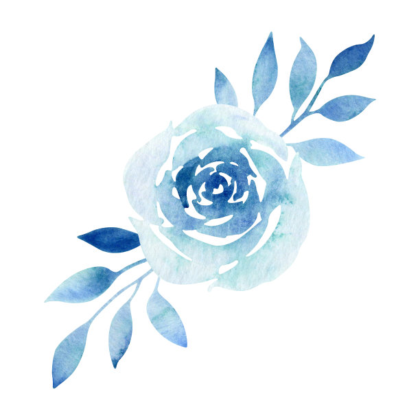 水彩花卉组成花束与蓝玫瑰和叶子。图片下载