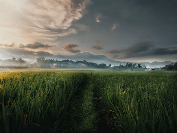 在山脚下的村庄里，日出的气氛图片下载
