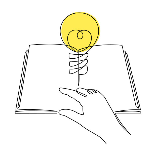 书中采用灯泡单线艺术，手绘连续轮廓。想法头脑风暴概念，知识就是力量，模板提纲。极简设计，简约装饰。可编辑的中风。图片下载