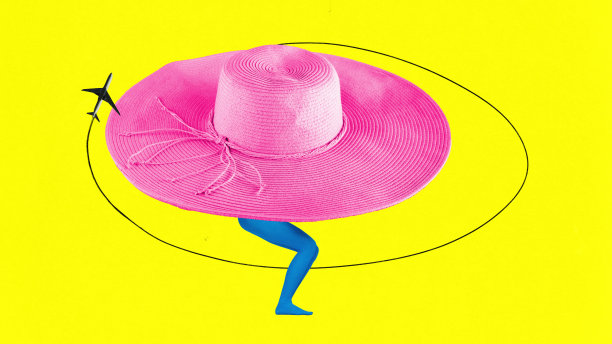 当代艺术拼贴画，大粉红色的帽子覆盖着女性的腿，飞机在黄色背景附近飞行。旅行图片下载