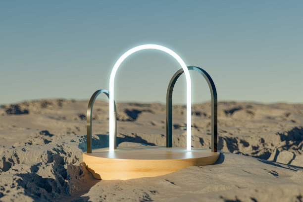 三维呈现与岩石景观背景上的拱门木基座图片下载