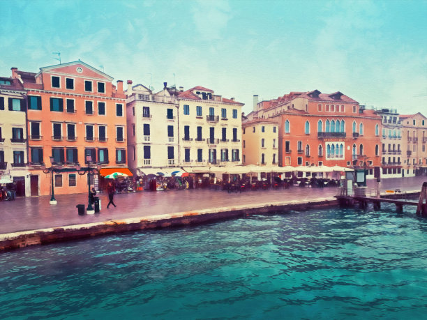 意大利威尼斯海滨建筑油画图片下载