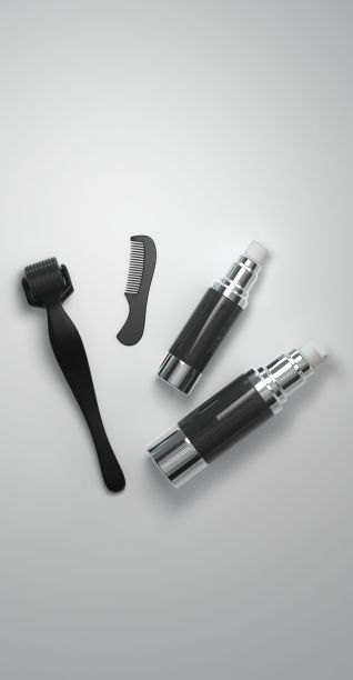 各种胡须护理产品在灰色背景上的3D渲染图片下载