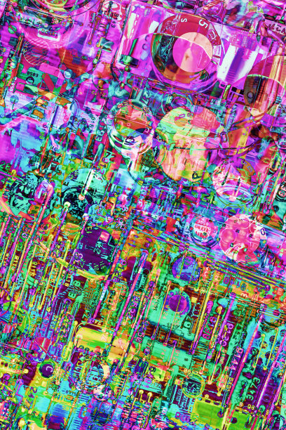 彩色程式化超现实电子电路板细节艺术表现图片下载