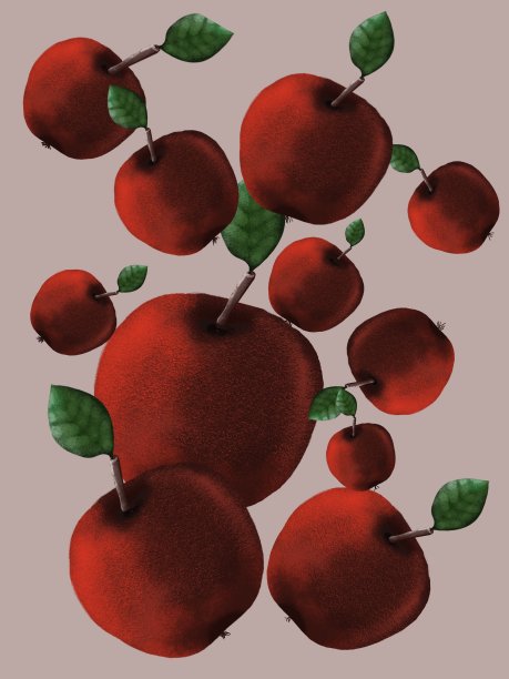 在不同大小的脏粉色背景上，红苹果带叶子的插图。图片下载
