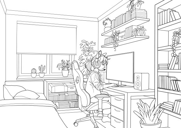 女孩亚洲女孩游戏玩家或主播与耳机坐在电脑前在一个舒适的房间图片下载