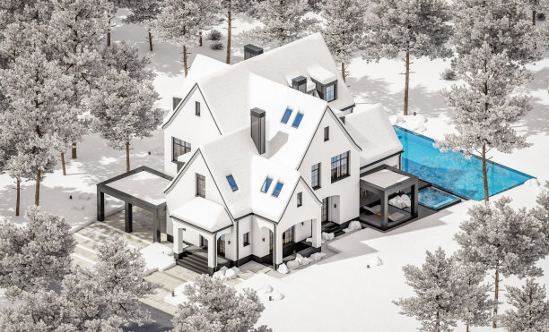 白色和黑色的现代都铎王朝的房子在冬季的3d渲染图片下载