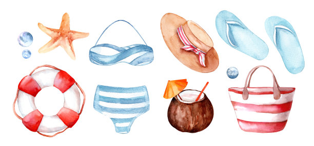 一套水彩手绘插图上的海洋主题图片下载